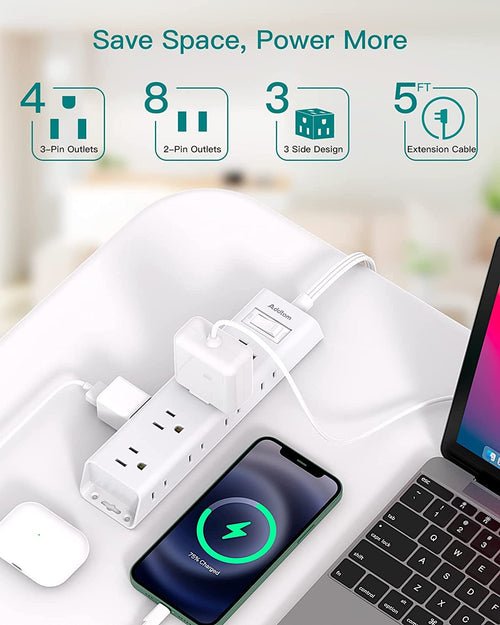 Addtam Flat Plug Power Bar, Ultra Thin Flat Extension Cord with 1050J Surge Protector, 12 Widely AC 3 Sides Multiple Outlets, 5Ft Wall Mount, Desk Charging Station for Home Office Dorm Room Essentials 🍁 All In One Marketplace Canada